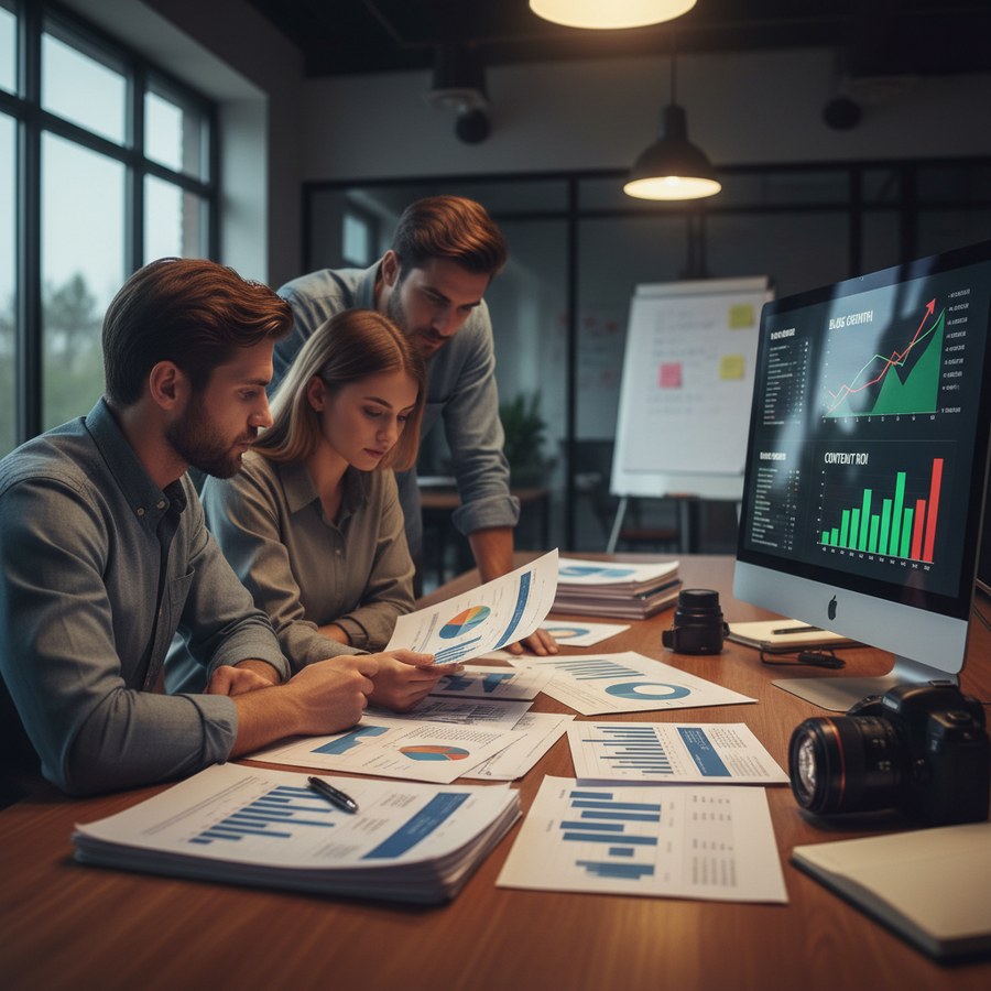 Business team analyzing printed and digital reports on content performance metrics