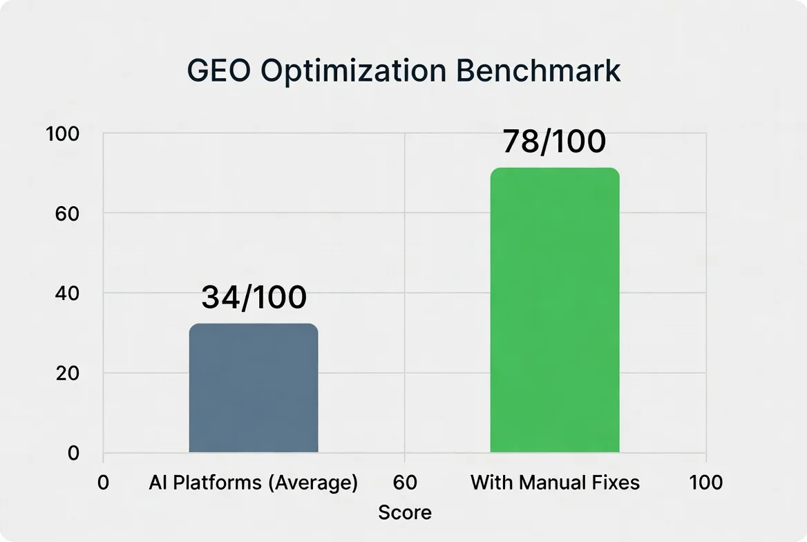 GEO optimization benchmark chart comparing average scores of 34/100 on AI platforms versus higher scores with manual fixes