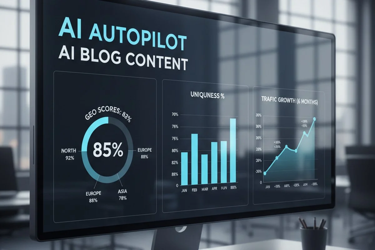 Analytics dashboard tracking AI content performance metrics including uniqueness and GEO scores