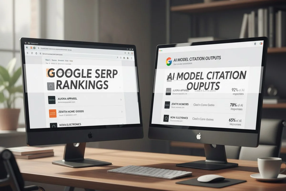 Dual monitor setup comparing Google SERP rankings next to AI citation results for three ecommerce stores