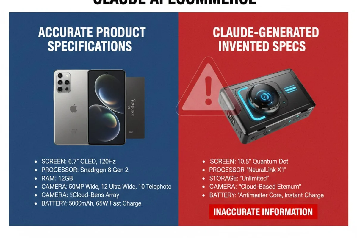 Side-by-side comparison of verified ecommerce product specifications versus Claude AI ecommerce hallucinated specs with warning overlays