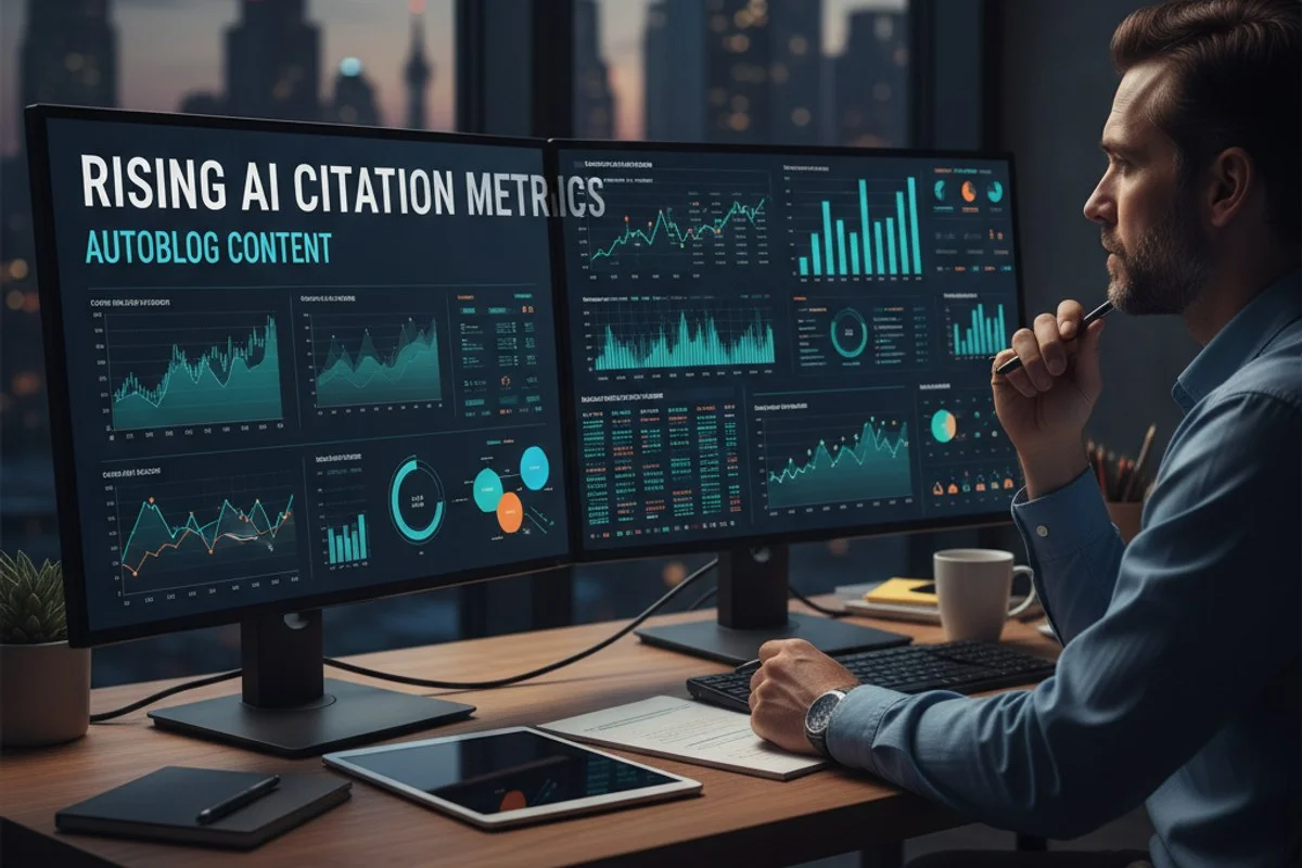 Analytics dashboard showing AI search visibility growth metrics and citation tracking for autoblog content strategies