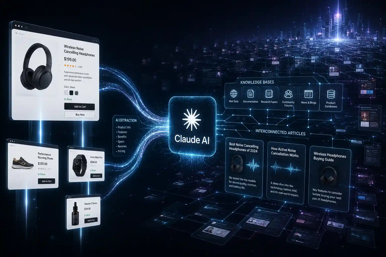 Futuristic digital landscape with isolated product detail pages floating in a void while AI models like Claude pull data from expansive knowledge bases and interconnected articles in the distance